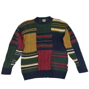 County Seat Mens Patchwork Sweater‎ Large Multi Color Cable Knit Crew Neck Retro